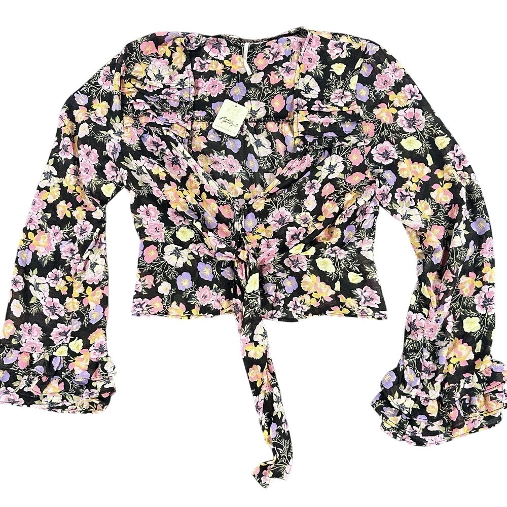 NWT Free People Floral Blouse Top Womens Small Sheer Cropped Ruffle Festival